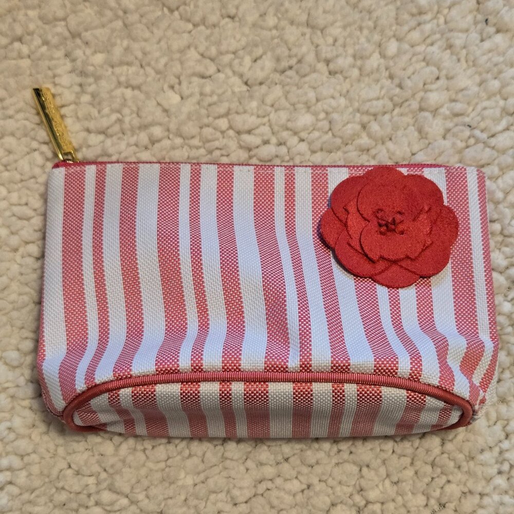Estee Lauder Pink & White Stripe w/Rosette Zipper Closure Cosmetic Case